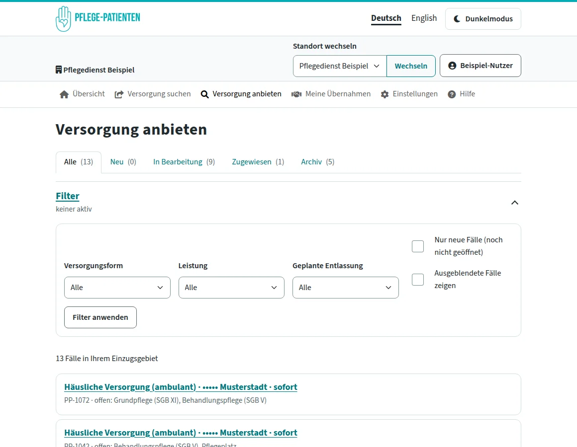 Portal-Ansicht „Versorgung anbieten“ eines Pflegedienstes: Reiter Alle, Neu, In Bearbeitung, Zugewiesen und Archiv; aufgeklappter Filter nach Versorgungsform, Leistung und geplanter Entlassung mit den Optionen ‚Nur neue Fälle‘ und ‚Ausgeblendete Fälle zeigen‘; darunter die Fälle im Einzugsgebiet mit Versorgungsform, Ort Musterstadt, Beginn, Fallnummer und offenen Leistungen.