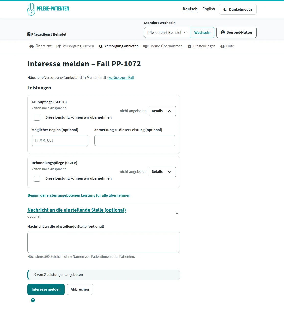 Portal-Ansicht „Interesse melden“ zu einem Fall: je Leistungsbereich (Grundpflege SGB XI, Behandlungspflege SGB V) die Auswahl ‚Diese Leistung können wir übernehmen‘ mit optionalem möglichem Beginn und optionaler Anmerkung, der Link ‚Beginn der ersten angebotenen Leistung für alle übernehmen‘, eine optionale Nachricht an die einstellende Stelle (höchstens 500 Zeichen, ohne Namen von Patientinnen oder Patienten) und der Zähler ‚0 von 2 Leistungen angeboten‘.