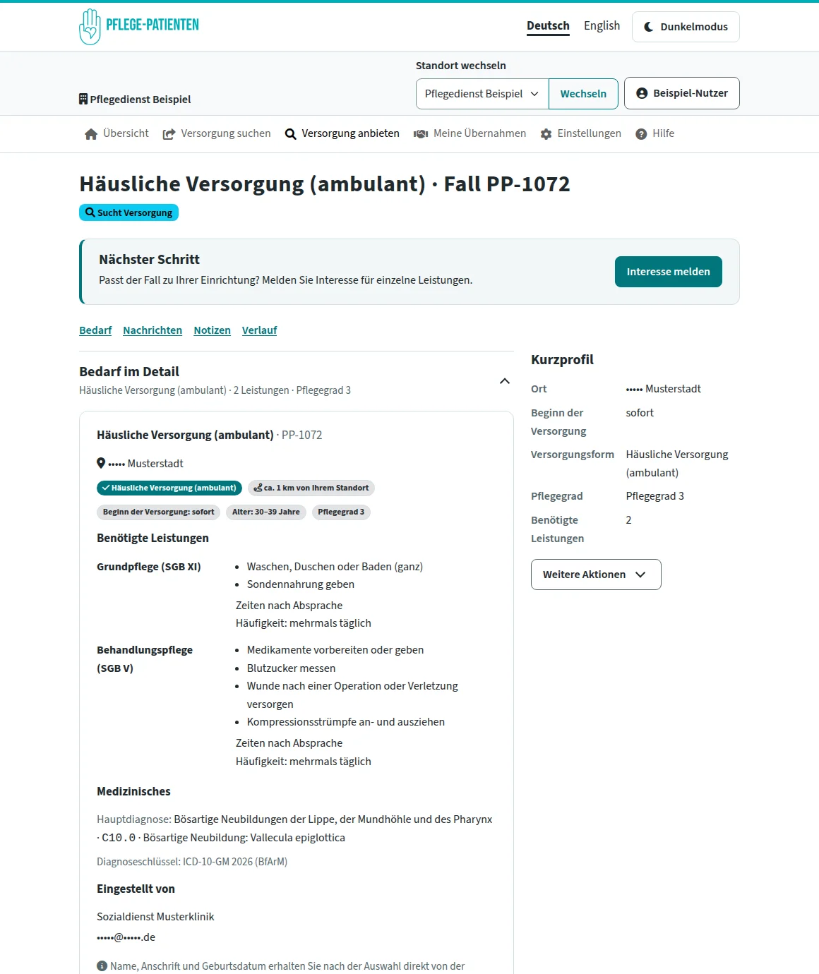 Portal-Ansicht eines Falls für einen Pflegedienst: oben der nächste Schritt „Interesse melden“, die Reiter Bedarf, Nachrichten, Notizen und Verlauf und rechts ein Kurzprofil; im Bedarf Ort Musterstadt, die Kennzeichnung, dass die Versorgungsform zu Ihrem Angebot passt, der Hinweis ‚ca. 1 km von Ihrem Standort‘, Beginn, Alter 30–39 Jahre, Pflegegrad, die benötigten Leistungen je Bereich (Grundpflege SGB XI, Behandlungspflege SGB V) mit Zeiten und Häufigkeit, Medizinisches mit einer Diagnose nach ICD-10-GM und „Eingestellt von“ mit der Organisation; unten der Hinweis, dass Name, Anschrift und Geburtsdatum nicht über das Portal kommen, sondern nach der Auswahl direkt von der einstellenden Stelle.