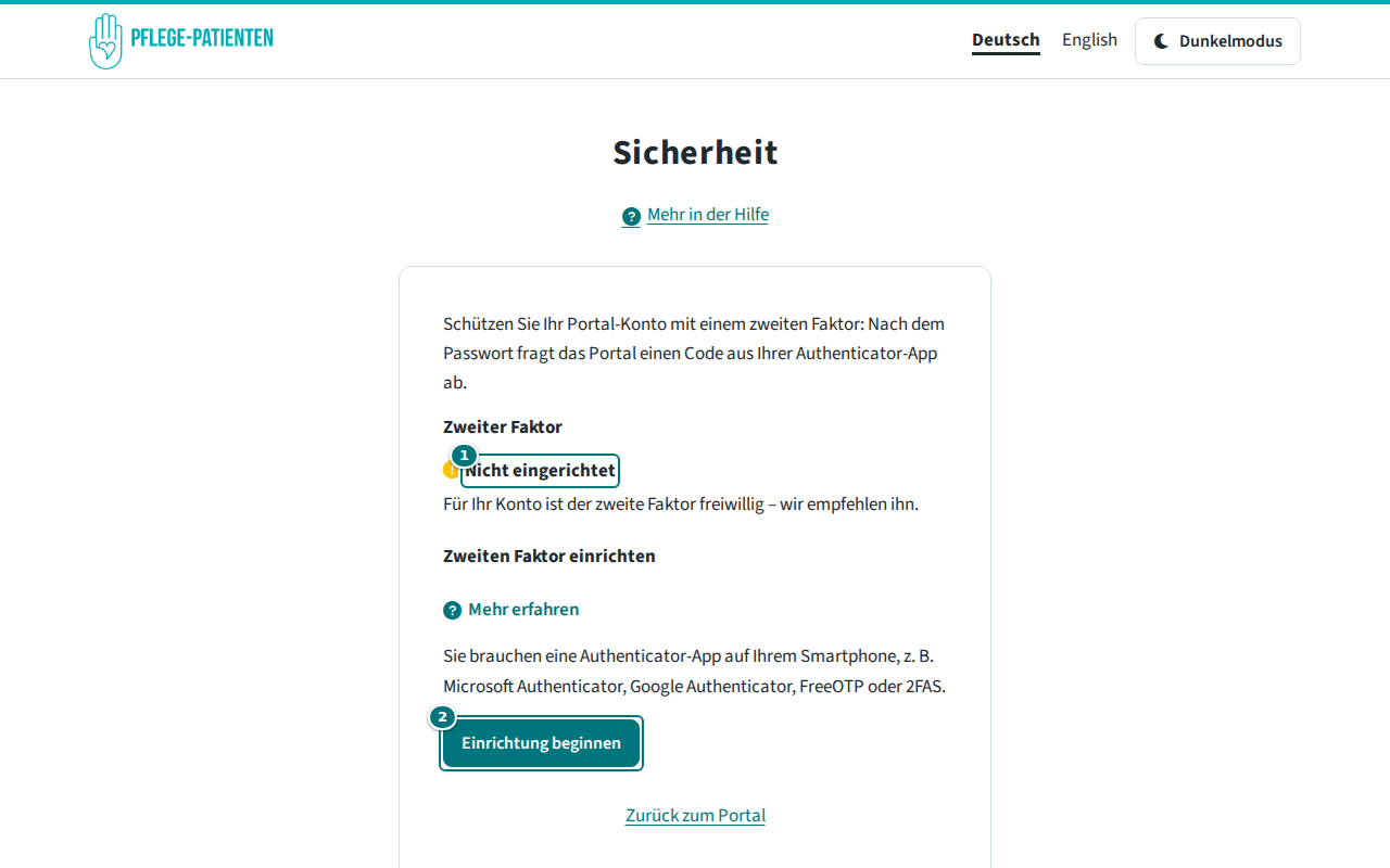Seite „Sicherheit“ mit dem Stand „Nicht eingerichtet“ und dem Knopf „Einrichtung beginnen“