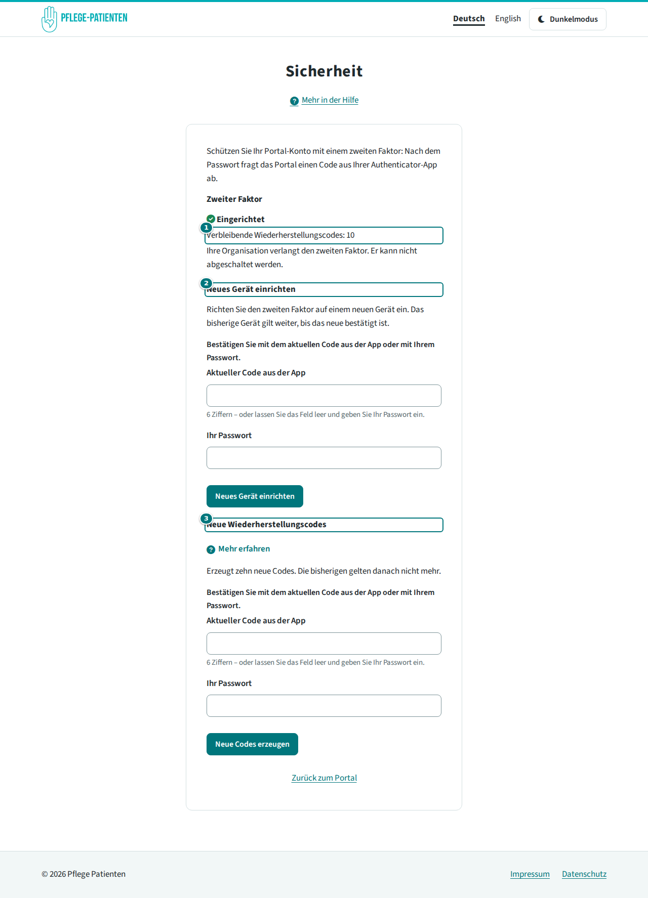 Seite „Sicherheit“ mit den verbleibenden Codes und den Abschnitten „Neues Gerät einrichten“ und „Neue Wiederherstellungscodes“