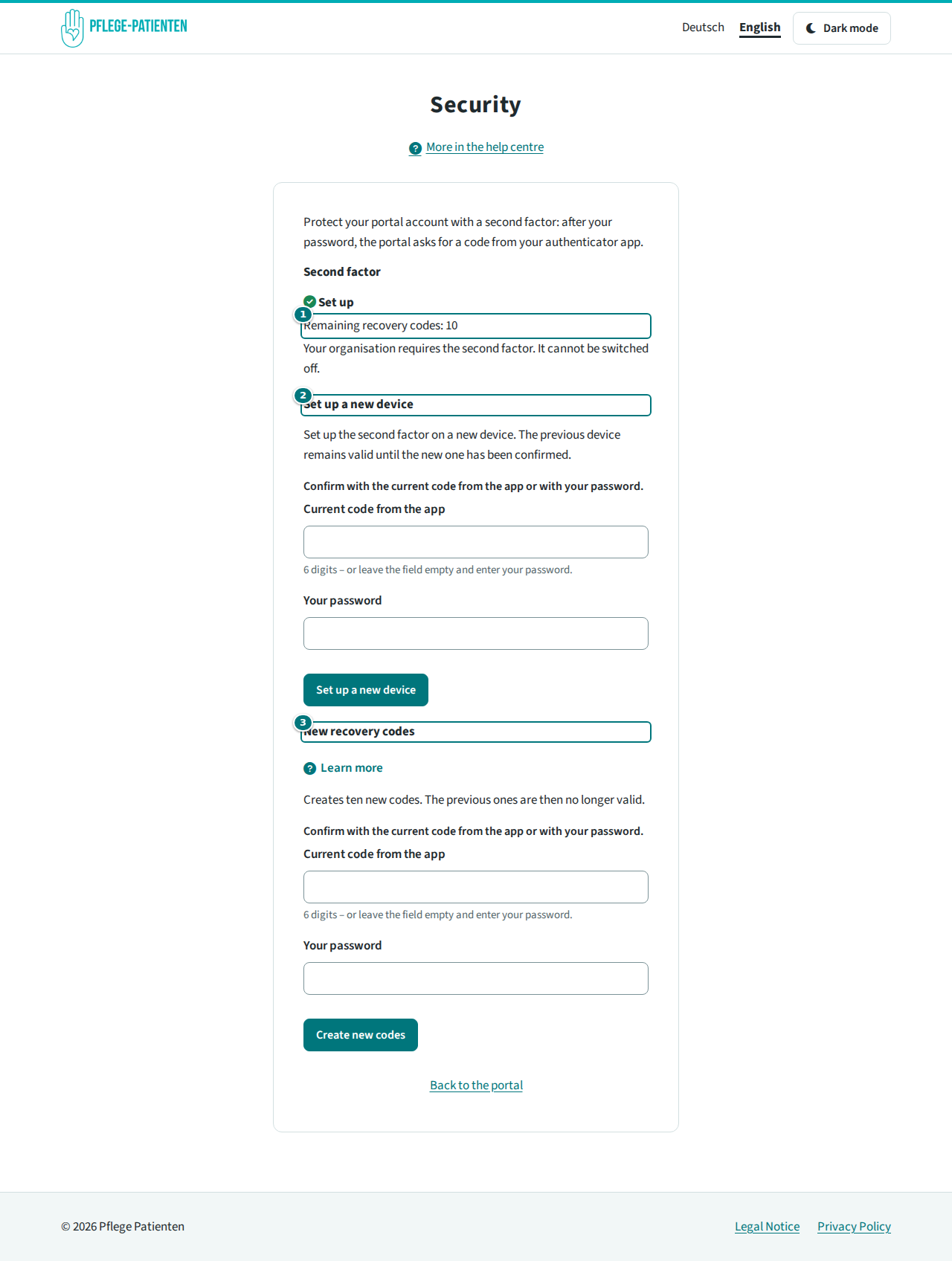 Page “Security” with the remaining codes and the sections “Set up a new device” and “New recovery codes”