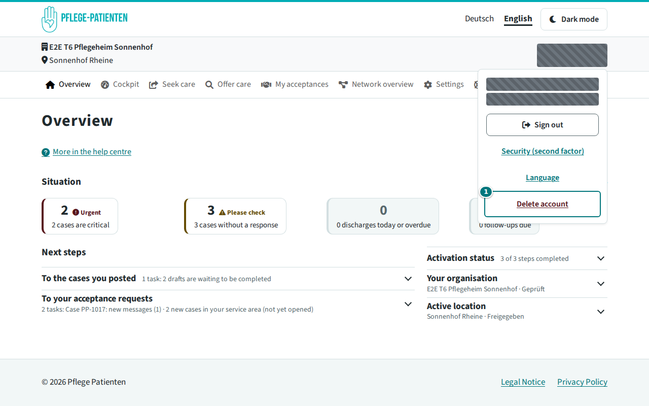 Open user menu with the entry “Delete account”