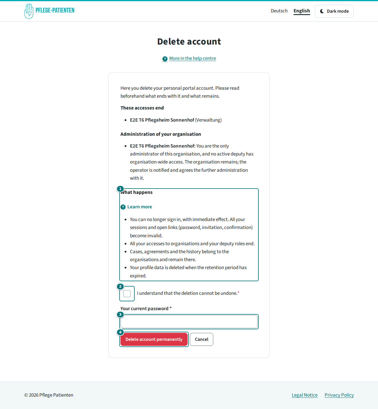 Page “Delete account” with the consequences, the confirmation, the password field and the button “Delete account permanently”